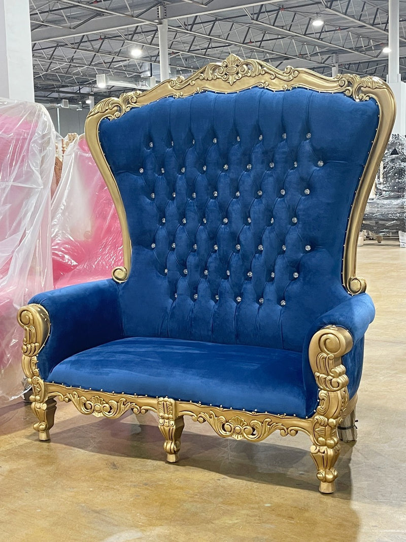 70" OG Throne settee • Gold/Blue velvet