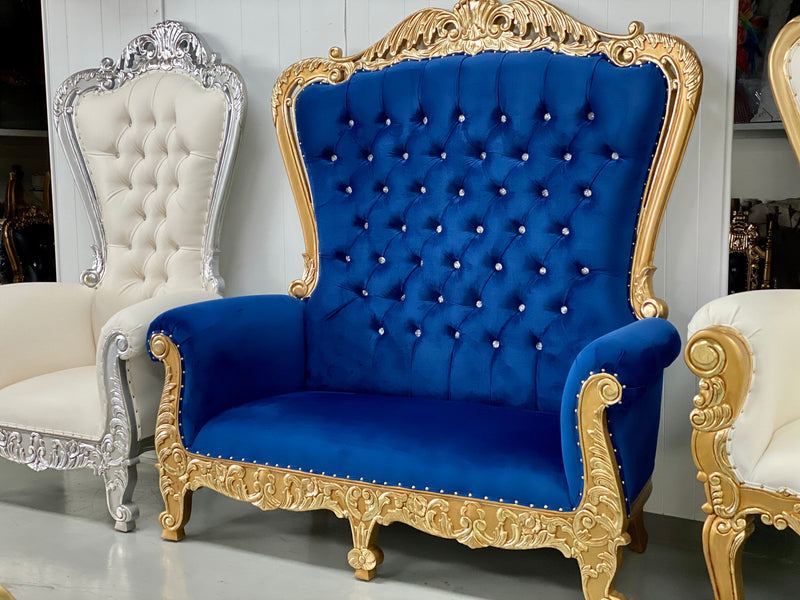 70" Aspen Throne settee • Gold/Blue velvet